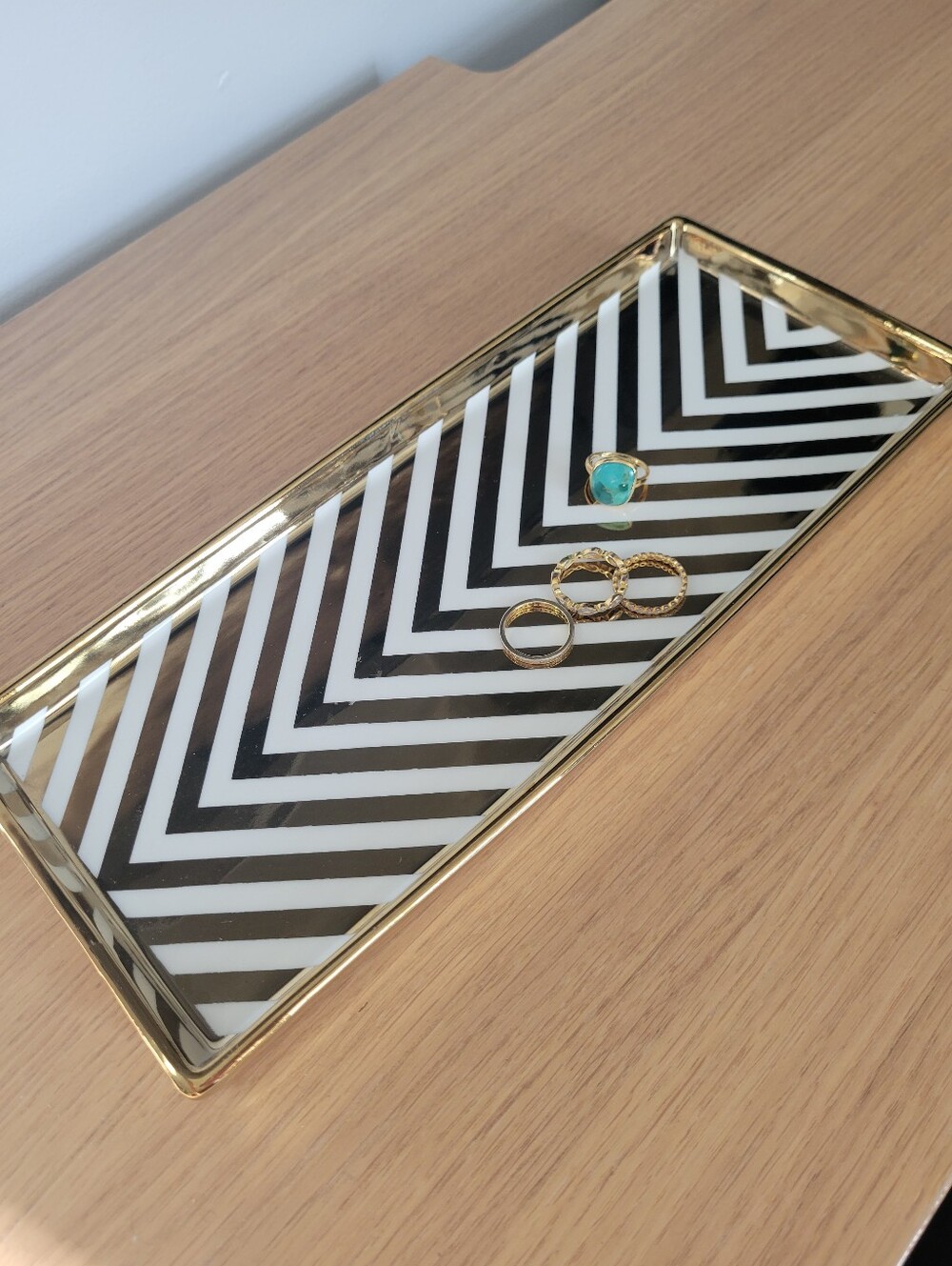 Pottery Barn rectangular 12" ceramic gold white chevron pattern tray catchall